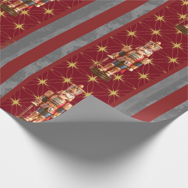   Nutcracker Burgundy Grey Striped Gold Stars Wrapping Paper (Corner)