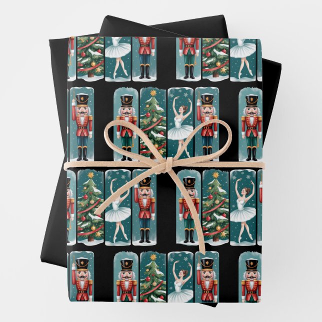 Nutcracker Christmas Ballet Holiday Scene Wrapping Paper Sheet (In situ)