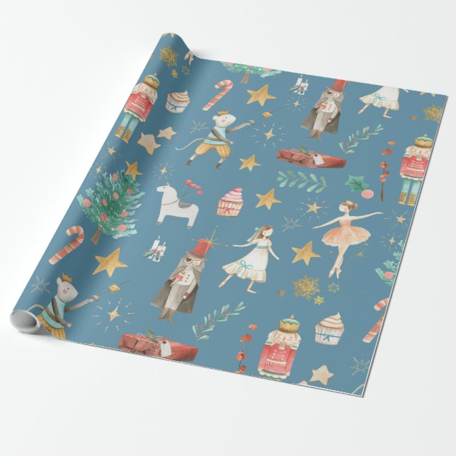 Nutcracker Christmas Holiday Blue Wrapping Paper (Unrolled)