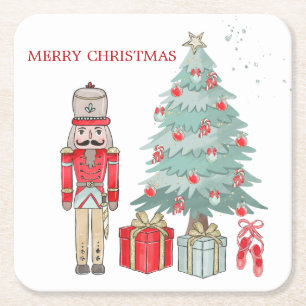 Nutcracker, Christmas tree & presents Square Paper Coaster