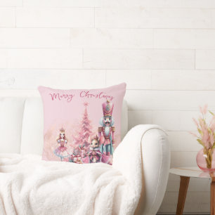 Nutcracker Fairy Tale Christmas on Pink Throw Pillow