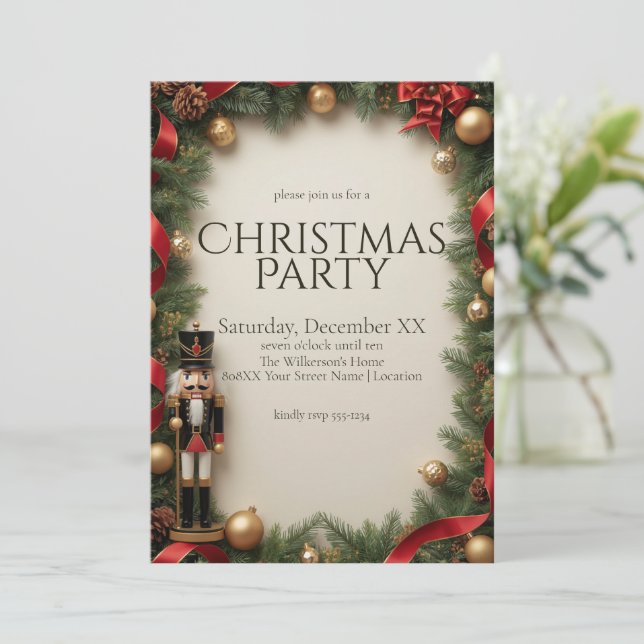 Nutcracker Figure & Garland Christmas Party Invitation (Standing Front)
