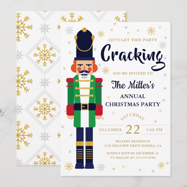 Nutcracker Gold Snowflakes Christmas Party Holiday Invitation (Front/Back)