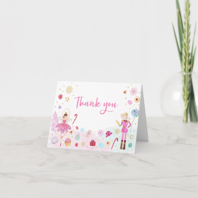 Nutcracker Land of Sweets Pink Gold Birthday Thank You Card (Front)