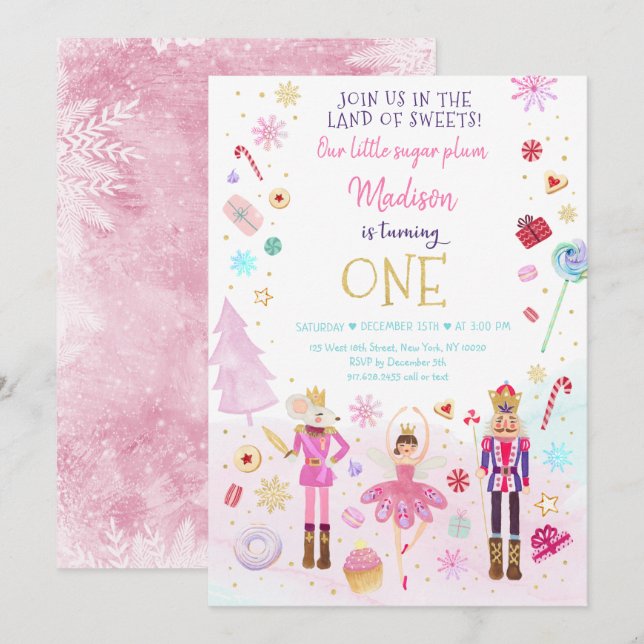 Nutcracker Land of Sweets Winter First Birthday Invitation (Front/Back)