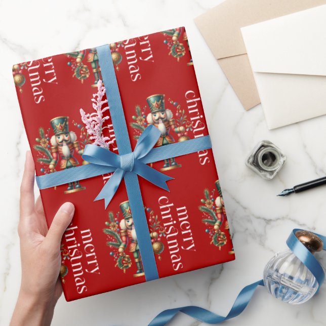 Nutcracker Merry Christmas White Retro Typography Wrapping Paper (Gifting)