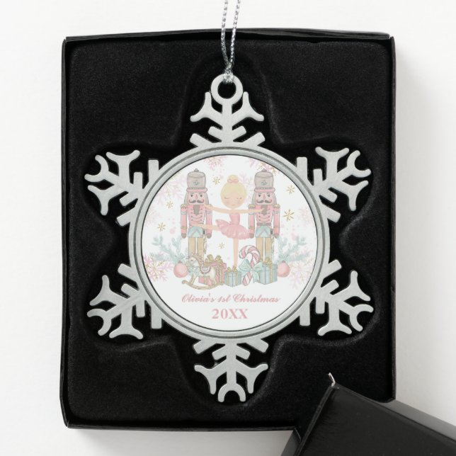 Nutcracker Pastel Pink Ballet Baby First Christmas Snowflake Pewter Christmas Ornament (Box)