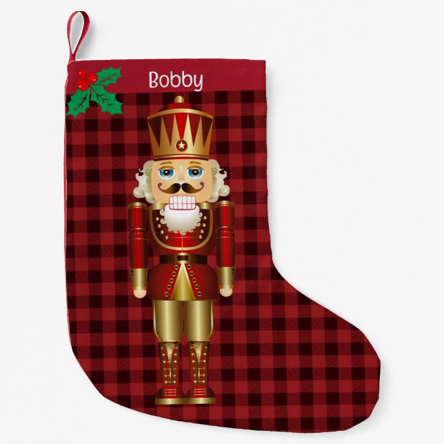 Nutcracker Personalize Name Christmas Plaid Small Christmas Stocking (Front)