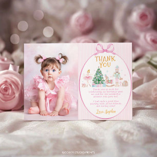 Nutcracker Pink Bow Christmas Birthday Photo Thank You Card