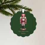 Nutcracker pink green simple Christmas Ornament Card<br><div class="desc">Green background,  and a pink nutcracker.  Personalize and add a name and year.</div>