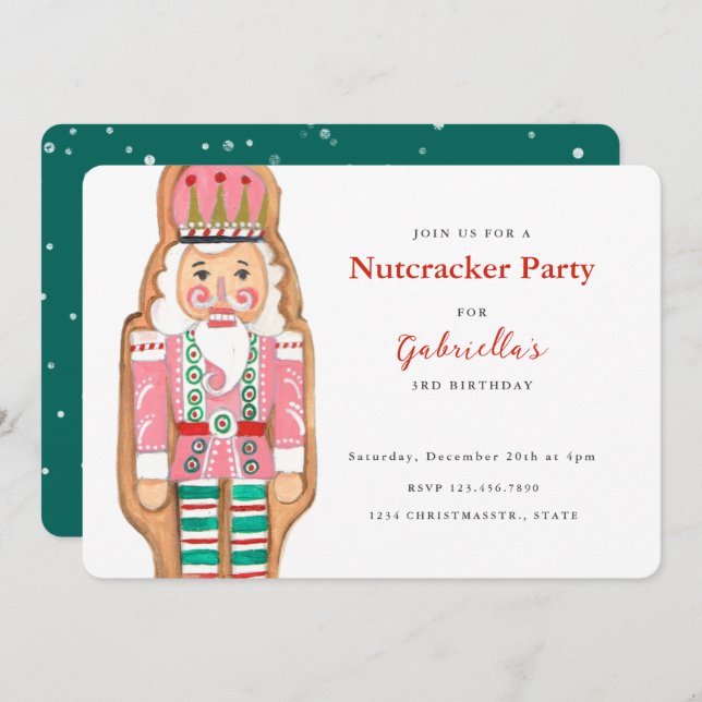 Nutcracker pink & turquoise winter Snow Holiday In Invitation (Front/Back)