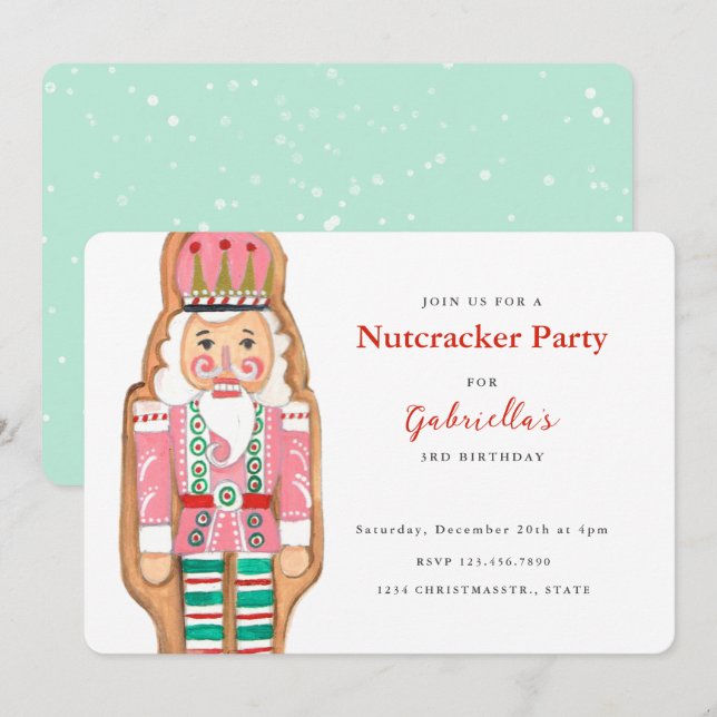 Nutcracker pink & turquoise winter Snow Holiday Invitation (Front/Back)