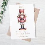 Nutcracker pink white simple Christmas Holiday Card<br><div class="desc">White background,  and a pink nutcracker.  Merry Christmas written with a trendy handlettered style script. 

Back: add your note and your names.</div>