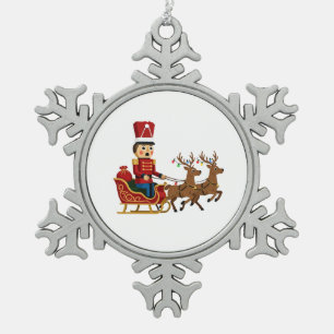 Nutcracker Riding a Magical Christmas Sleigh Snowflake Pewter Christmas Ornament