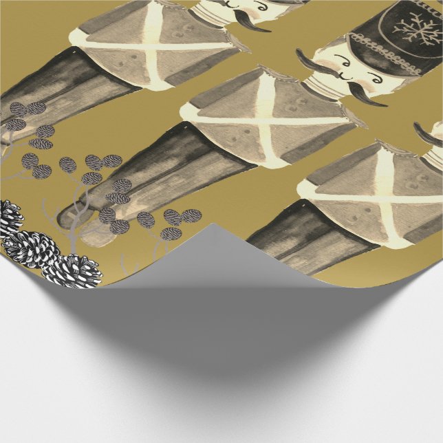Nutcracker Soldiers Gold Sepia Pinecones Wrapping Paper (Corner)