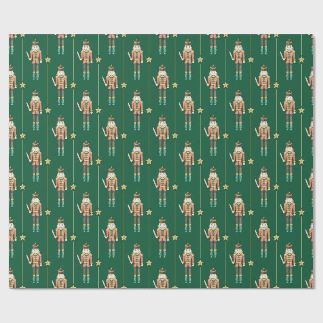Nutcracker Stars Stripes Green Christmas Wrapping Paper (Flat)