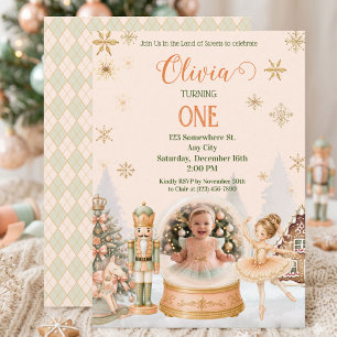 Nutcracker Sugar Plum Peach Mint Photo Snow Globe Invitation