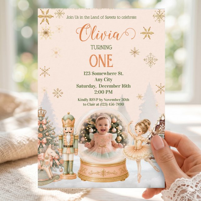 Nutcracker Sugar Plum Peach Mint Photo Snow Globe Invitation (Nutcracker Ballerina Photo Snow Globe Sweet One Invitation)