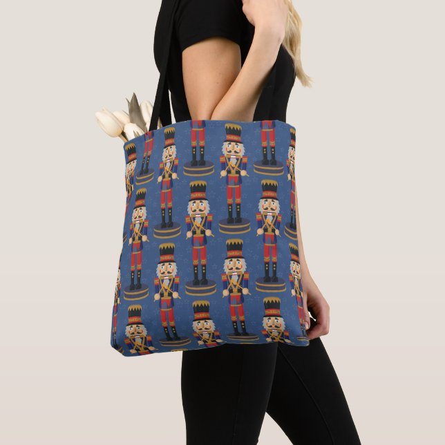 Nutcracker Toy Soldier Drummer Navy Blue Pattern Tote Bag (Close Up)