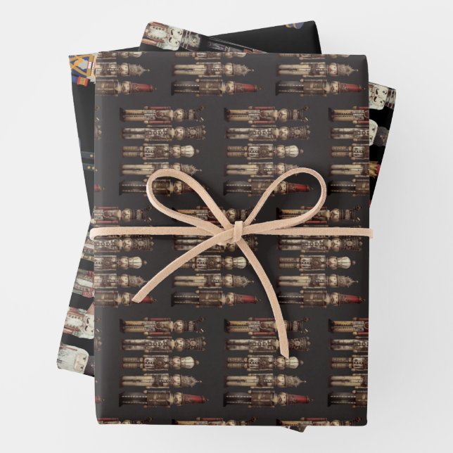 Nutcracker Trio Christmas Black Wrapping Paper Sheet (In situ)