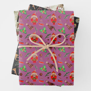   Nutcracker Trio Plum  Black Green Wrapping Paper Sheet