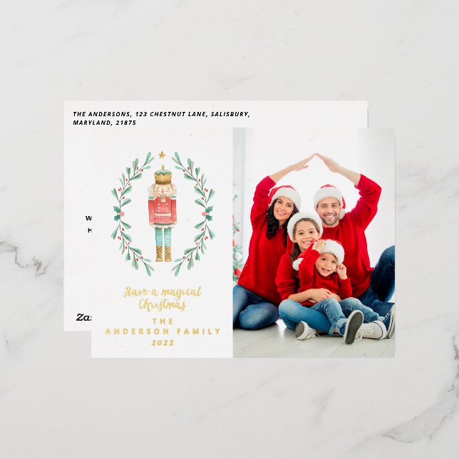 nutcracker watercolor one photo  foil holiday postcard (Front/Back)
