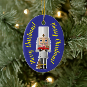 Nutcracker with Little Red Truck Ceramic Ornament