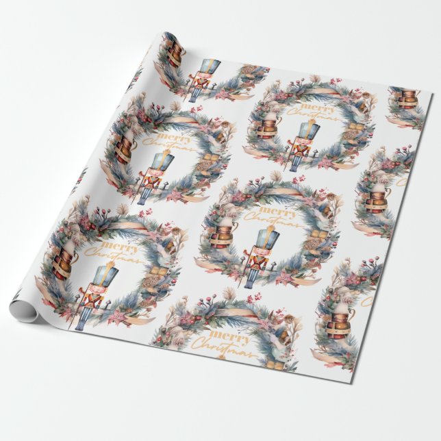Nutcracker Wreath Merry Christmas  Wrapping Paper (Unrolled)