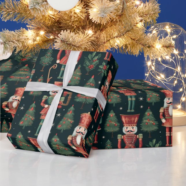 Nutcrackers and Christmas Trees Black Christmas Wrapping Paper (Holidays)