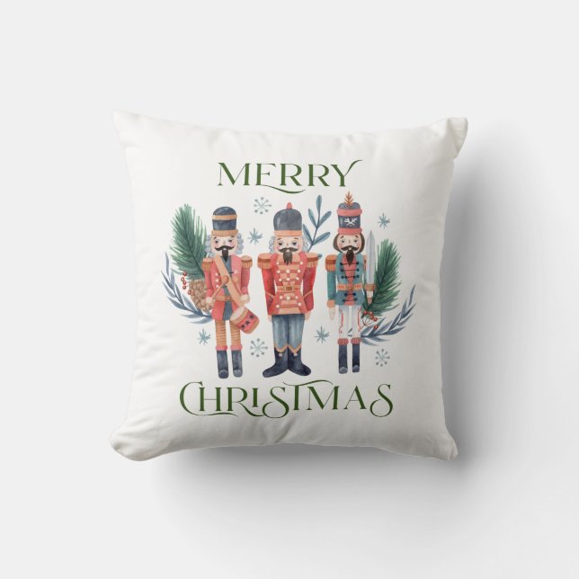 Nutcrackers Merry Christmas Typography Throw Pillow (Front)