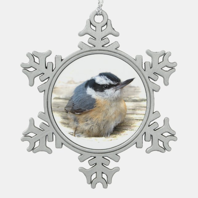Nuthatch Snowflake Pewter Christmas Ornament (Front)
