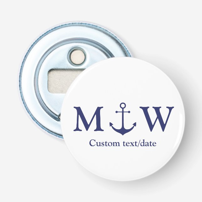 Nutical anchor navy blue monogram wedding favours bottle opener (Front)