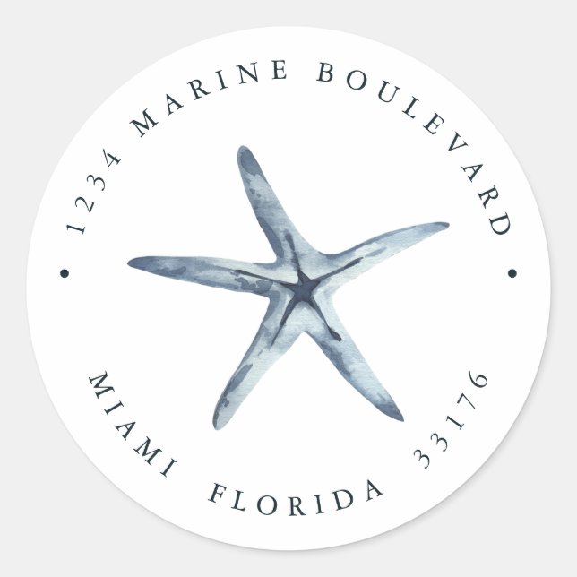Nutical Blue Starfish Return address Classic Round Sticker (Front)
