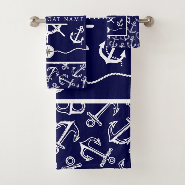 Nutical Navy Blue Welcome Aboard Boat Anchor Bath Towel Set (Insitu)