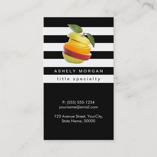 Nutritionist Fruits Logo - Black White Stripes Business Card (Front)