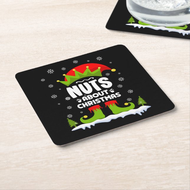Nuts About Christmas Funny Xmas Elf Gift Square Paper Coaster (Angled)