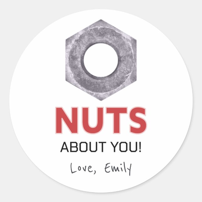 'Nuts about you' Valentine's Day with bolt design Classic Round Sticker (Front)