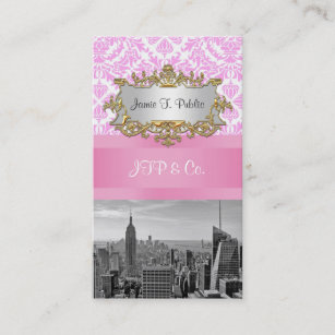 NY City Skyline BW D4P Pink Damask Business Cards