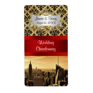 NY City Skyline Sepia B4 Damask Party Wine Label