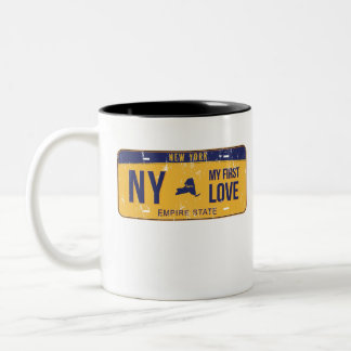 NY My First Love License Plate Two-Tone Coffee Mug
