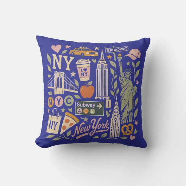 ny retro collage design throw pillow (Front)