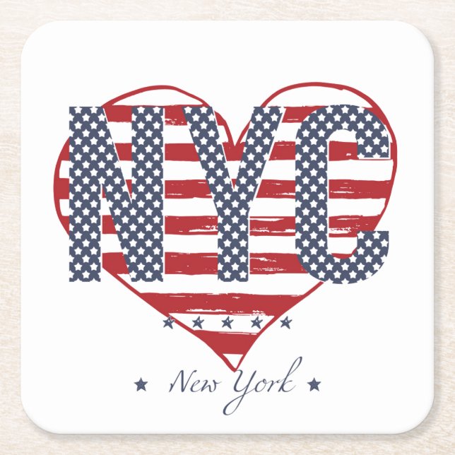 NYC American Flag Heart Square Paper Coaster (Front)