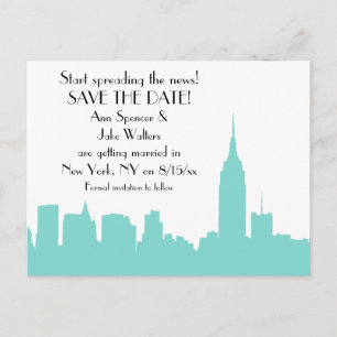 NYC Aqua Skyline Silhouette Save the Date Announcement Postcard