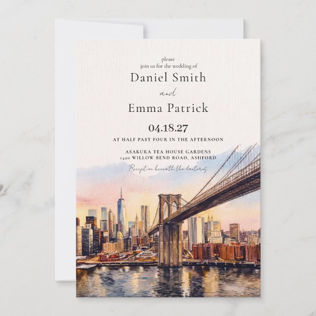 NYC Brooklyn Bridge Watercolor Wedding Invitation (Front)