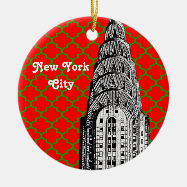NYC Chrysler Building Dome Red Grn Quatrefoil Xmas Ceramic Ornament (Front)