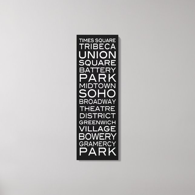 NYC Districts Parks & Neighbourhoods | on Black Canvas Print (Front)