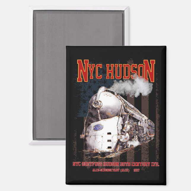 NYC Dreyfuss Hudson Locomotive. American flag Magnet (Front/Back)