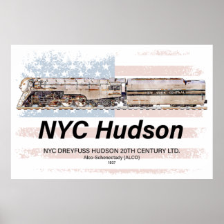 NYC Dreyfuss Hudson Locomotive. American flag Poster