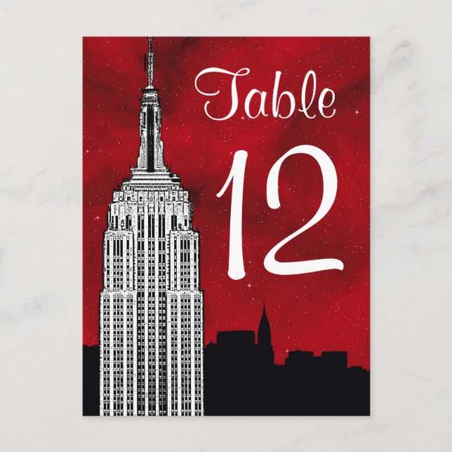 NYC ESB kyline Silhouette Red Starry Table Number Postcard (Front)