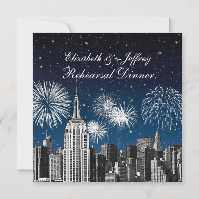 NYC ESB Skyline Blue Star Firewks Rehearsal Dinner Invitation (Front)